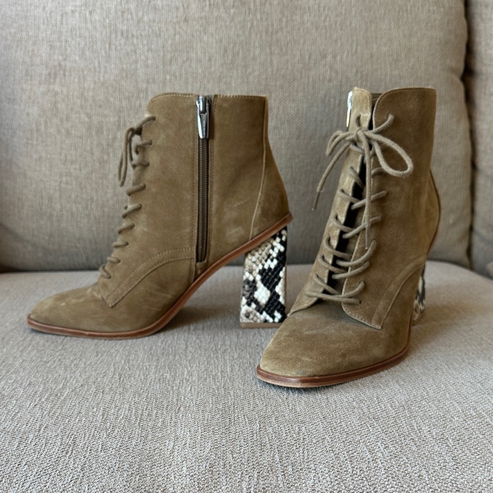 Vince Camuto Olive Lace-Up Boots with Patterned Heel